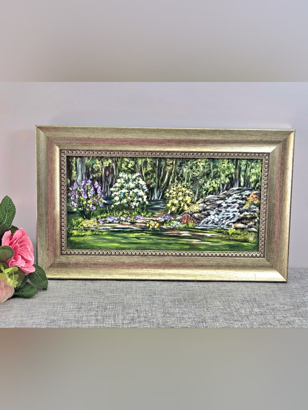 Original Framed Landscape Oil Painting Impressionist Garden Waterfall, Currie?